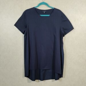 09102 COS navy blue mixed media cotton high low tunic blouse L